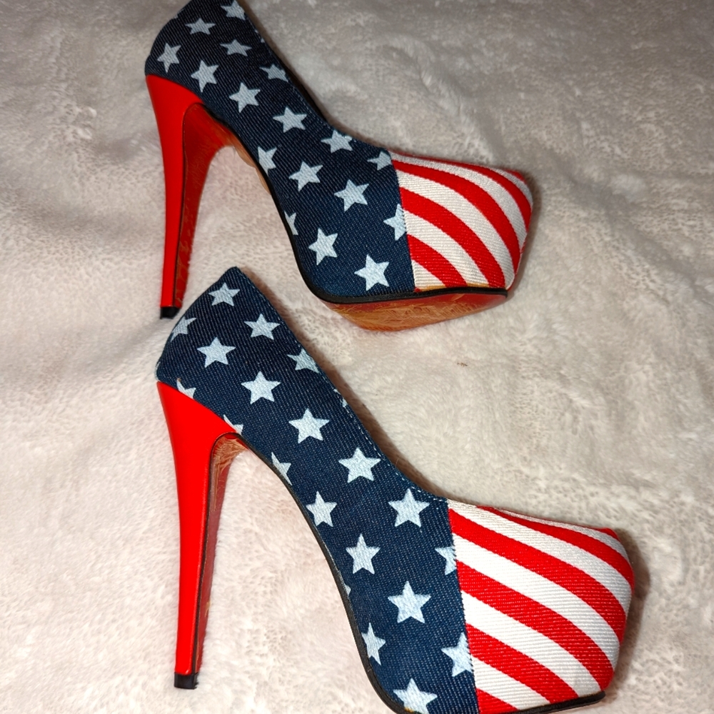 Red white and blue ... Stilettos ...new ! Still has plastic on bottom of shoe ..